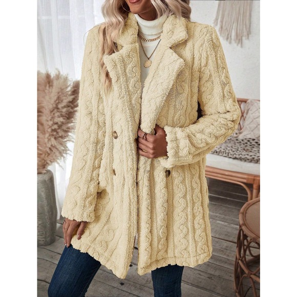 minimalist Double Breasted Lapel collar ribbed knit teddy Coat - Picture 5 of 11